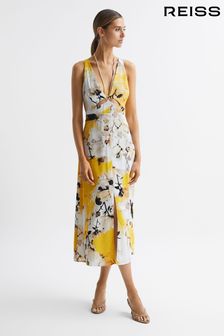 Reiss Yellow Kasia Petite Fitted Floral Print Midi Dress (D74474) | OMR149