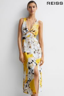 Reiss Yellow Kasia Fitted Floral Print Midi Dress (D74475) | $326