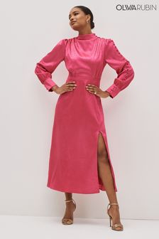 Olivia Rubin Pink Arabella Satin Jacquard Midi Dress With Button Down Sleeve (D74542) | 820 zł
