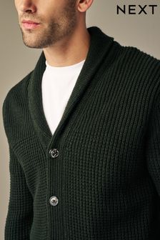 Zielony khaki - Teksturowany kardigan dzianinowy o waflowej teksturze z kołnierzem szalowym (D74703) | 161 zł