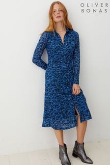 Oliver Bonas Blue Brush Mark Print Mesh Midi Shirt Dress (D75071) | 236 zł