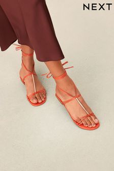 Orange Signature Leather Flat Strappy Sandals with Metallic Wrap Detailing (D75165) | 162 zł