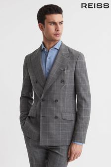 Reiss Grey Newbury Slim Fit Double Breasted Checked Blazer (D75720) | $656