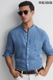 Airforce Blue - Reiss Ocean Linen Grandad Collar Shirt (D75726) | kr1 790