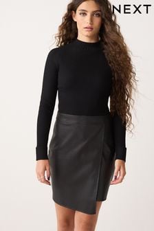 Black 2-in-1 Faux Leather PU Mix Mini Jumper Dress (D75737) | kr780