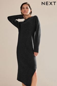 Czarny - Prążkowana sukienka midi z asymetrycznym dołem (D75738) | 112 zł