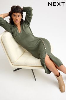 Khaki Green Ribbed Button Detail Knit Utility Midi Dress (D75739) | 59 €