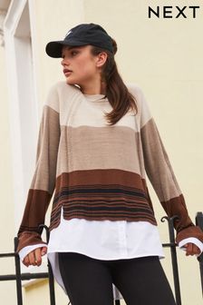 Brown and Neutral Stripe Cosy Shirt Layer Jumper (D75740) | €20