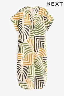 Green/White Palm Print - Linen Mix Kaftan Midi Dress (D75759) | KRW47,800