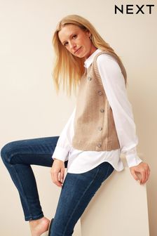 Marron chameau - Pull avec chemise superposée et boutons brillants (D75773) | 49€