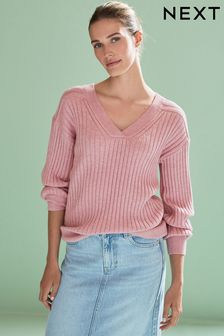Zartrosa - Gerippter Pullover mit V-Ausschnitt (D75791) | 29 €