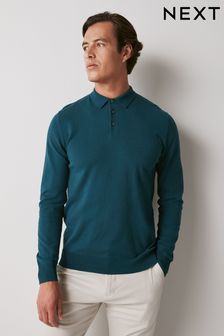 Teal Blue Regular Knitted Long Sleeve Polo Shirt (D75903) | €36