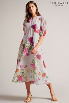 Ted Baker Mekayla White Empire Line Midi Dress With Puff Sleeves (D76029) | €154