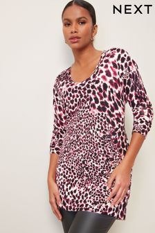 Pink Animal Printed Cosy V-Neck Long Sleeve Longline Tunic Jumper (D76044) | €17