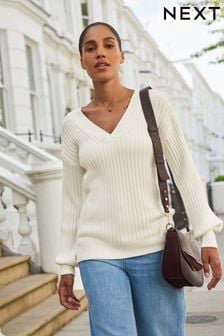 Bež/bela - Rebrast pulover z V-izrezom (D76045) | €13
