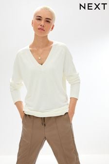 Ecru, Weiß - Gemütlicher V-Ausschnitt langärmelig Langleine Tunika Pullover (D76049) | 19 €