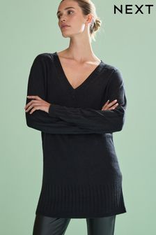 Black Cosy V-Neck Long Sleeve Longline Tunic Jumper (D76082) | AED52