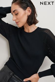 Black Mesh Sleeve Crew Neck Top (D76175) | €21.50