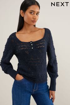 Marineblau - Pointelle-Pullover mit eckigem Ausschnitt (D76194) | 27 €