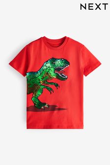 Red Dinosaur Flippy Sequin Short Sleeve T-Shirt (3-14yrs) (D76208) | DKK70 - DKK105