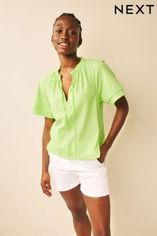 Grün - Kurzärmelige, strukturierte Bluse aus Baumwolle mit Bindeband am Ausschnitt (D76287) | 15 €