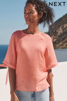 Coral Pink Volume Tie Sleeve Crew Neck Blouse (D76293) | €15