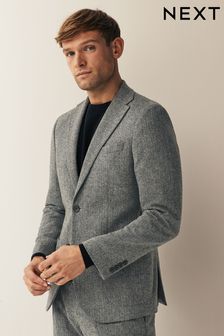 Grey - Slim Fit Nova Fides Wool Blend Herringbone Suit Jacket (D76725) | BGN317
