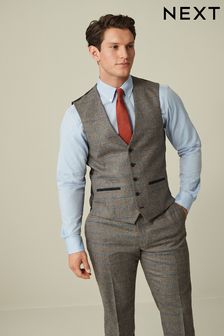 Grey Nova Fides Wool Blend Trimmed Check Suit Waistcoat (D76767) | ₪ 207