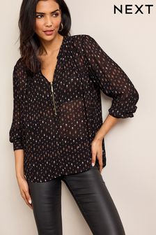 Блузка с длинными рукавами и молнией с V-образным вырезом и манжетами (D76833) | €18