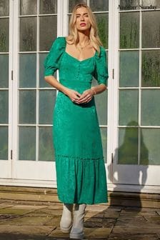 Another Sunday Puff Sleeved Jacquard Midi Dress With Button Detail In Green (D76941) | $94