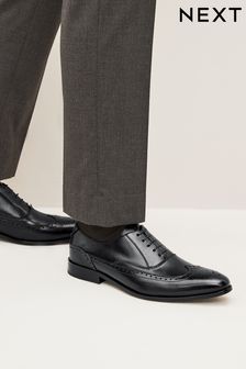 Black Leather Oxford Wing Cap Brogue Shoes (D77033) | $90