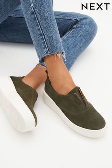 Khaki Green Slip On Signature Forever Comfort® Leather Chunky Wedges Platform Trainers (D77081) | 74 €