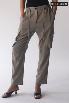 Religion Light Grey Utility Inspired Trousers With Multiple Pockets In Soft Crepe (D77441) | $119