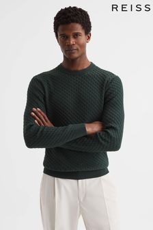 Reiss Dark Forest Green Arran Crew Neck Cable Knit Jumper (D77702) | LEI 891