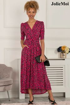 Różowa sukienka maxi Jolie Moi Maanasi z dżerseju z marszczonymi rękawami (D77713) | 250 zł