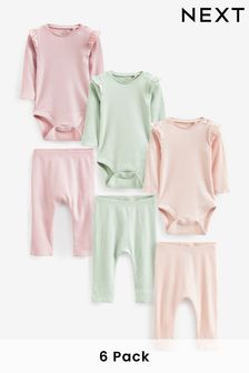 Pink/Green 6 Pack Baby Frill Bodysuit and Leggings Set (D77725) | KRW46,000 - KRW49,300