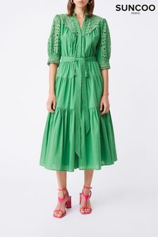 Suncoo Green Broderie Mid- Length Sleeves Dress (D77910) | €112
