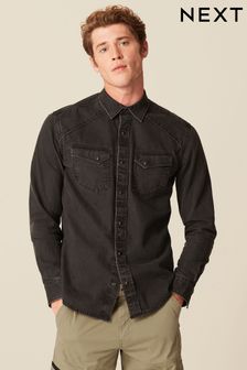 Czarny - Koszula dżinsowa z długim rękawem i kieszeniami (D78004) | 210 zł