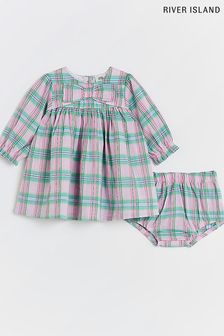 River Island Pink Baby Girls Check Smock Dress Set (D78059) | €14