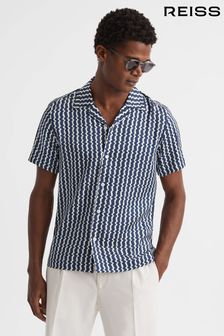 Reiss Navy Mayday Slim Fit Cuban Collar Printed Shirt (D78235) | OMR74