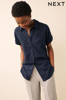 Navy Blue Short Sleeve Shirt With Linen (D78257) | 67 zł