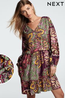 Пурпурный - Платье мини с длинными рукавами и V-образным вырезом (D78548) | €30