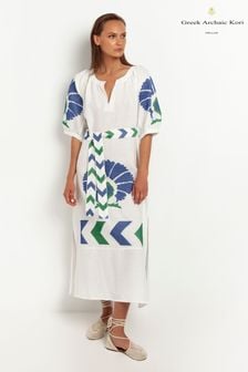 Greek Archaic Kori White/Green Linen Belted Peacock Print Maxi Dress (D78567) | €142