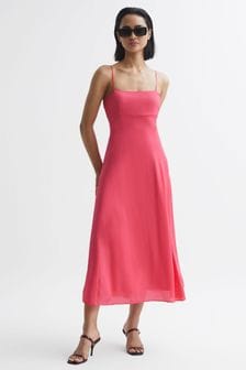 Reiss Coral Bonnie Plain Square Neck Fitted Midi Dress (D78606) | €229