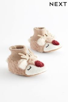 Tan Brown Christmas Reindeer Baby Booties (0-18mths) (D78982) | $14