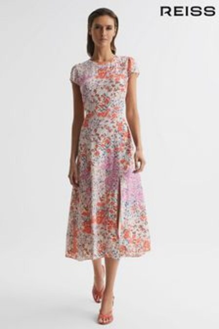 Reiss Coral/White Luna Floral Print Cap Sleeve Dress (D79052) | kr2,570