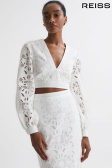 Reiss White Immi Lace Cropped Co-ord Blouse (D79059) | AED1,066