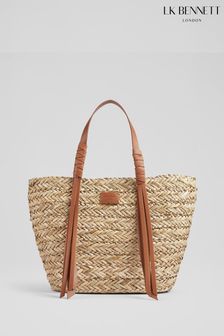 LK Bennett Violetta Tan Brown Leather Tassel Straw Bag