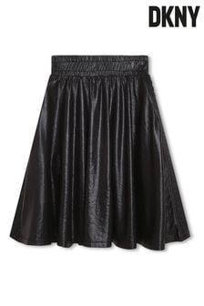 DNKY Black Shiny Leather Look Mid Length Logo Skirt (D79528) | $90 - $110