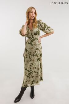 JD Williams Green Pistachio Floral Chiffon Tea Dress With Puff Sleeves And Open Back (D79592) | 30 €